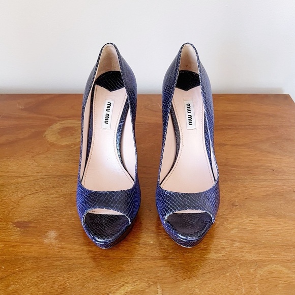 Miu Miu • blue python snakeskin pumps peep toe heels leather platform stiletto - Picture 3 of 11